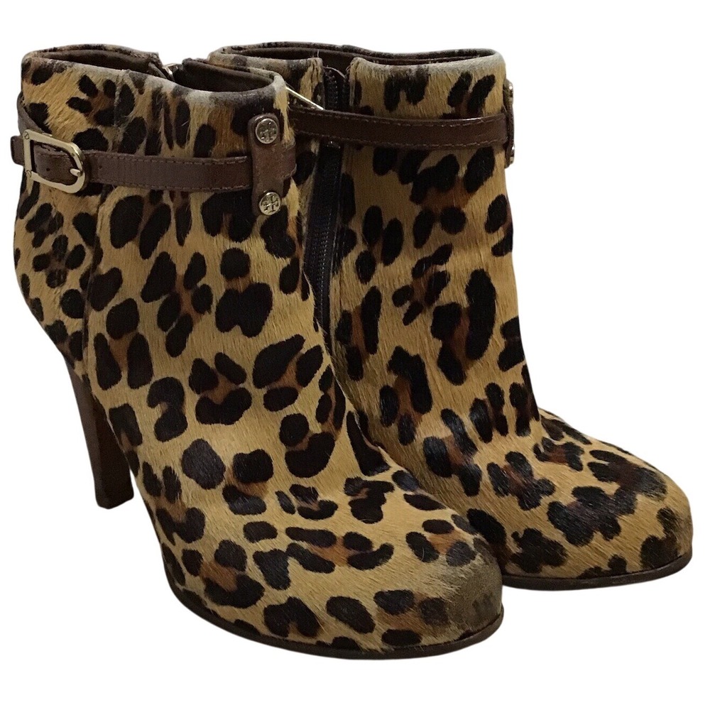 Tory Burch size 8 Laila leopard 50mm booties/printed calf hair #42164 Flaw‎ READ